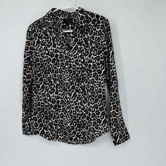 J Crew Shirt Womens 0 Leopard Print Linen Cotton Button Front Slim Preppy - Picture 4 of 10